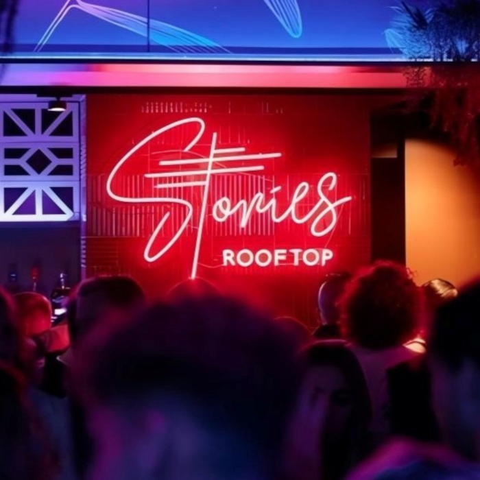 Stories Rooftop Custom Neon® sign behind the bar @stories.au