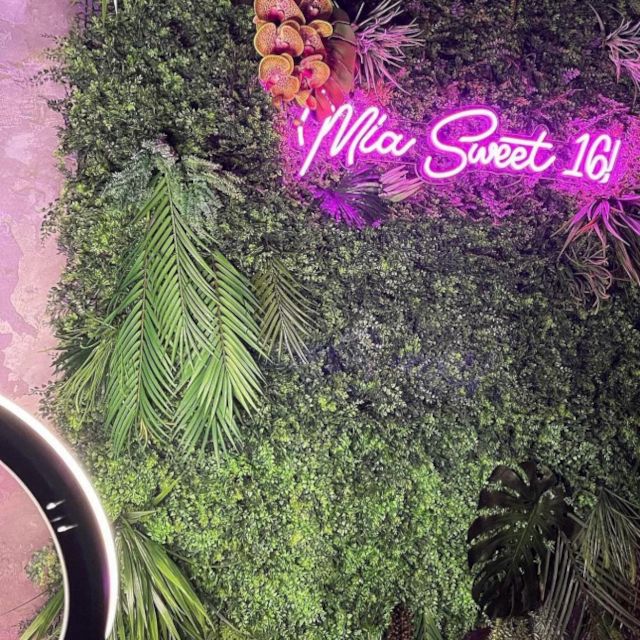 Personalized sweet 16 sign by Custom Neon® mounted on a green wall - styling by @floraloasis.nyc_