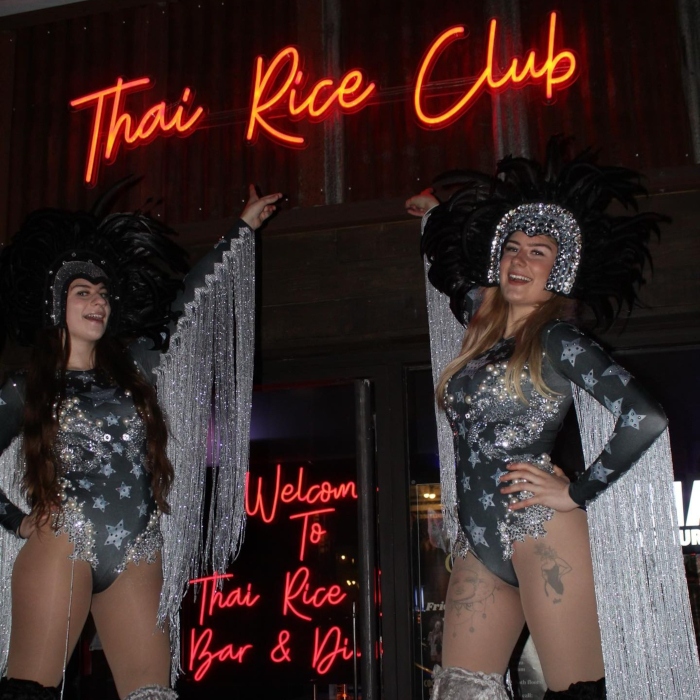 Red restaurant window sign by Custom Neon® @thairiceclub