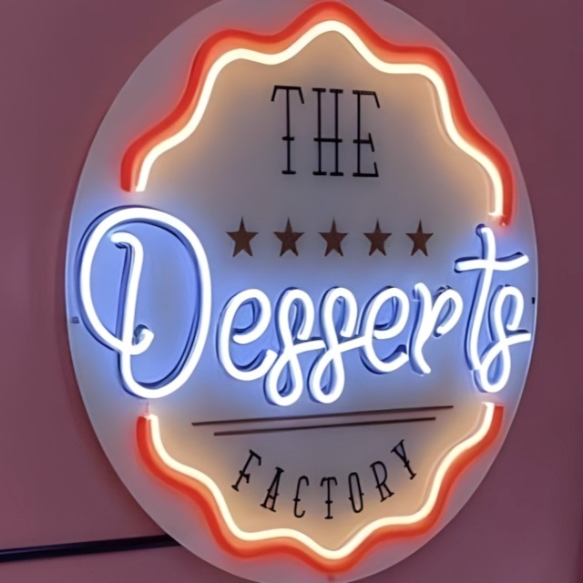 UV print LED neon sign @glass._house by Custom Neon® red & white logo with UV print details on white acrylic backboard @thedessertsfactory_ldn