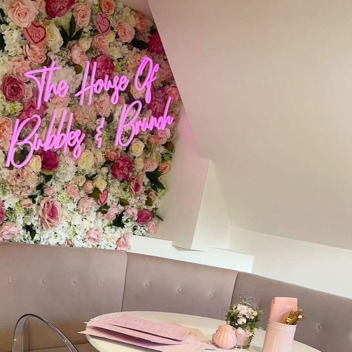 The House of Bubbles and Brunch selfie wall sign by Custom Neon® @maisonrosecafeboutique