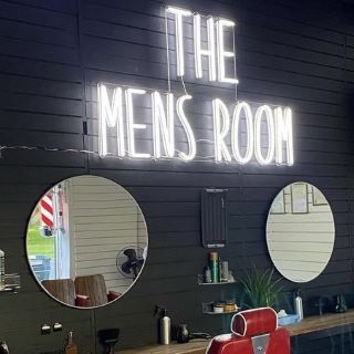 White Custom Neon® barber sign @themensroomfriarscorner