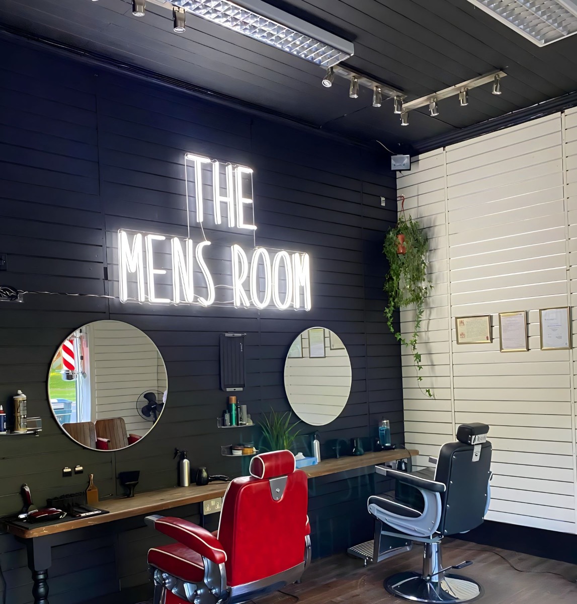 White Custom Neon® barber sign @themensroomfriarscorner North Yorkshire