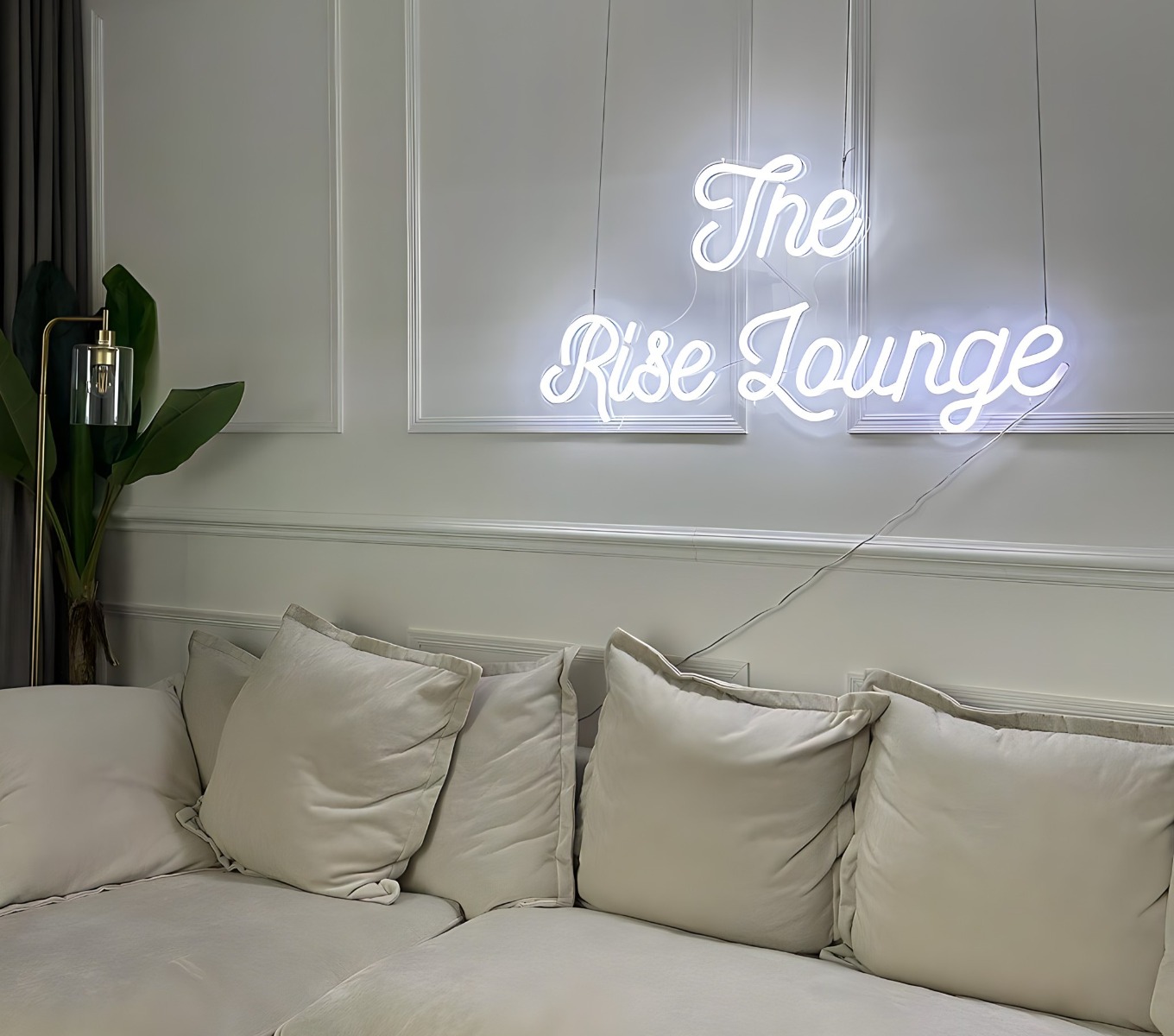Custom Neon® white wall sign @riseatseven