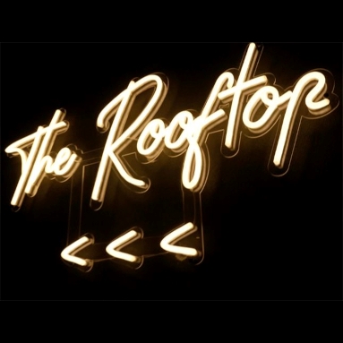 Custom Neon® The Rooftop directional sign with arrows pointing to the rooftop bar at @thebeaufortperth