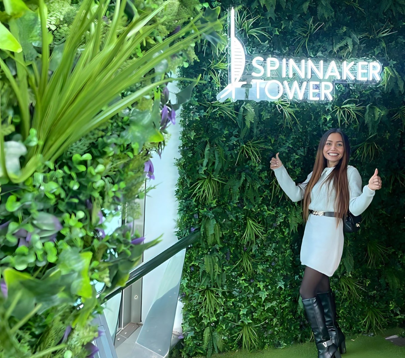 Custom Neon® white LED neon Spinnaker Tower artwork on grass wall @thespinnakertower