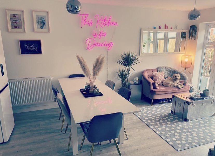 Pink Custom Neon® sign in open plan kitchen living space @thekingsnewcastle