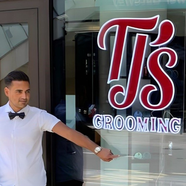 Custom Neon® red and white barbershop door sign @tjsgrooming