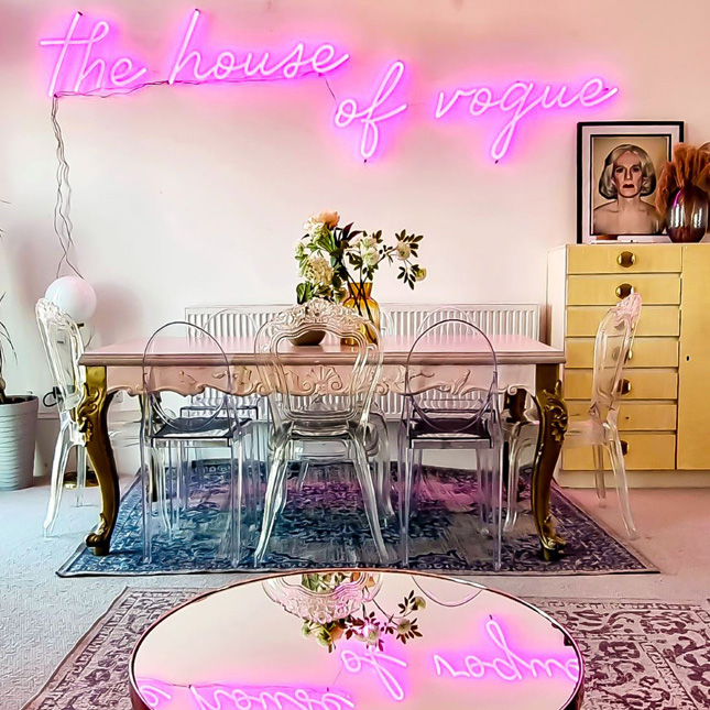Pink Custom Neon® The House of Vogue sign in Margate holiday rental home @roxycelebrateslove